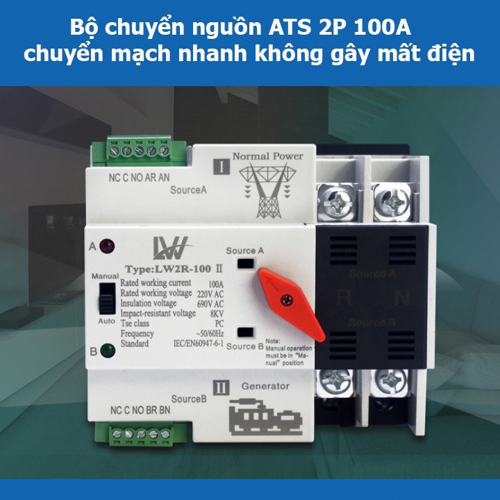 [ ATS ] Bộ chuyển nguồnđiện 63A -100A 2P 220V chuyển mạch nhanh không gây mất điện, cầu dao điện đảo chiều