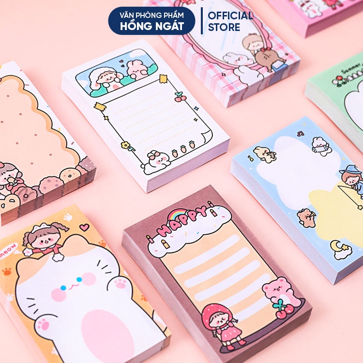 Giấy note cute hoạt hình HCN, giấy ghi chú dễ thương nhỏ gọn nhiều màu 80 tờ đồ dùng học tập văn phòng phẩm GN04