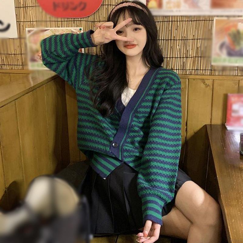 Áo khoác cardigan dệt kim cổ chữ V tay dài dáng rộng họa tiết kẻ sọc phong cách retro Hàn Quốc cho nữ