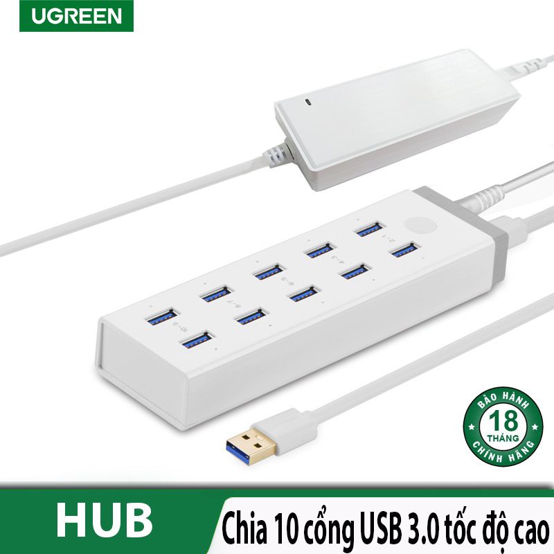 Bộ chia USB 3.0 10 Cổng Cao Cấp Có Nguồn rời 12V 4A Chính Hãng Ugreen 20297 CR117