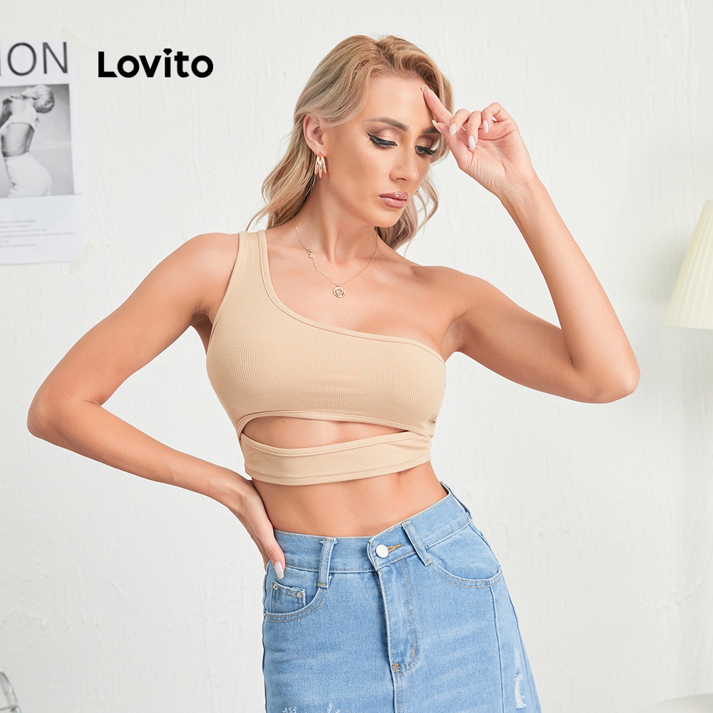 Áo Croptop Lovito Giáng Sinh Vai Chéo Dây Quấn Không Đối Xứng Màu Trơn L03028 (Đen) | BigBuy360 - bigbuy360.vn