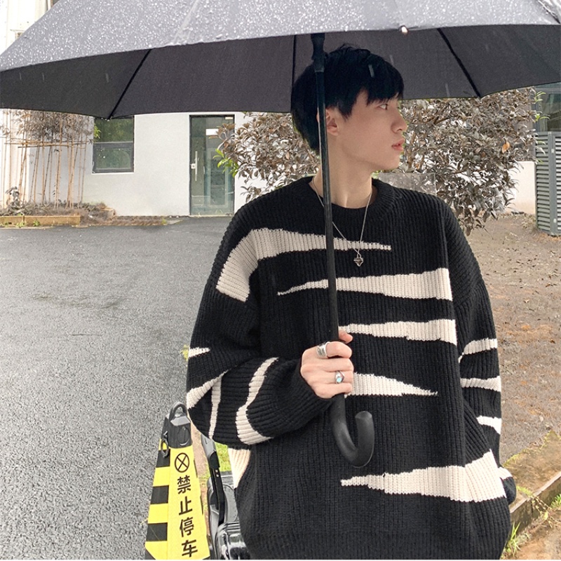 Áo sweater dáng rộng dày dặn giữ ấm họa tiết sọc ngựa vằn thời trang cho nam với 2 màu sắc tùy chọn