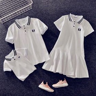 Set áo váy thun gia đình có cổ màu trắng thêu hình đẹp AG23 (có ảnh thật)