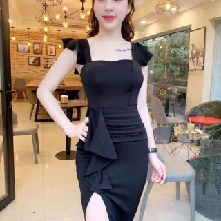 Đầm ôm phối bèo cổ vuông