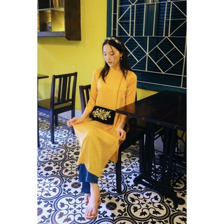 Set Áo Dài Rosemary Lụa Tây Thi Vàng Đậm