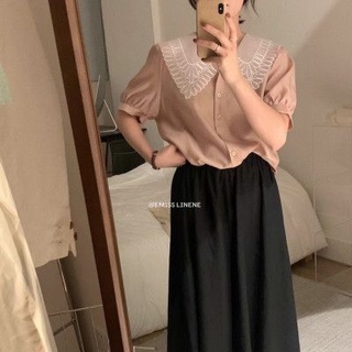 Áo sơ mi lụa tơ cổ bèo A-2132, áo kiểu cổ phối ren