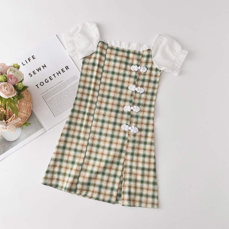 Đầm dự tiệc BEAR LEADER in họa tiết kẻ sọc ca rô in hình gấu dành cho bé gái 7-13 tuổi