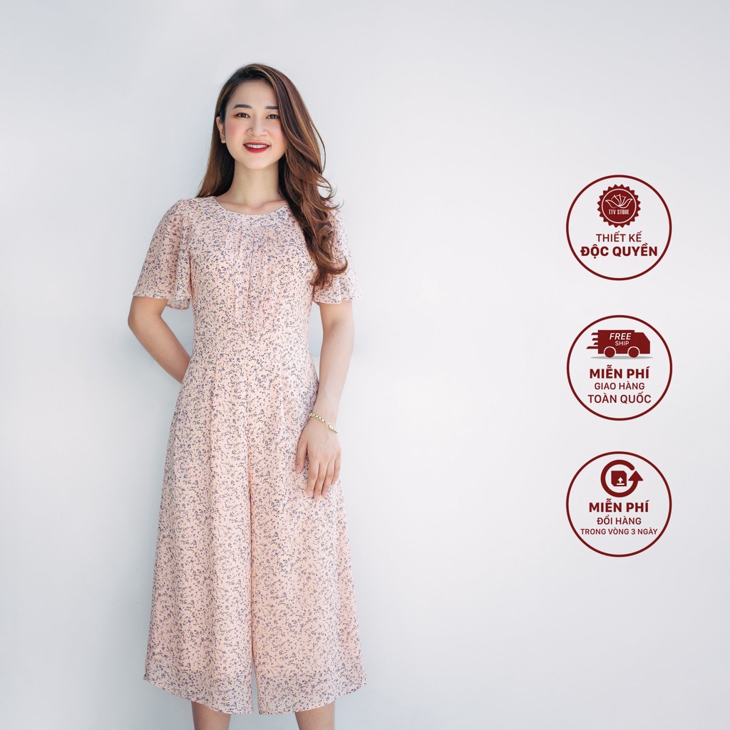 Jump lửng hoa nhí mùa hè cổ tròn tay loe màu kem hoa TTV994