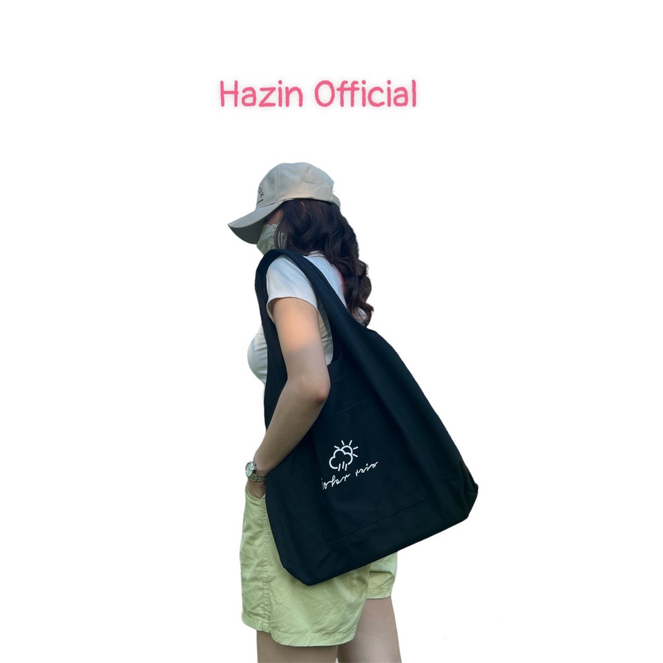Túi tote HAZIN vải canvas ulzzang unisex in chữ có túi nhỏ bên ngoài đi học đi chơi