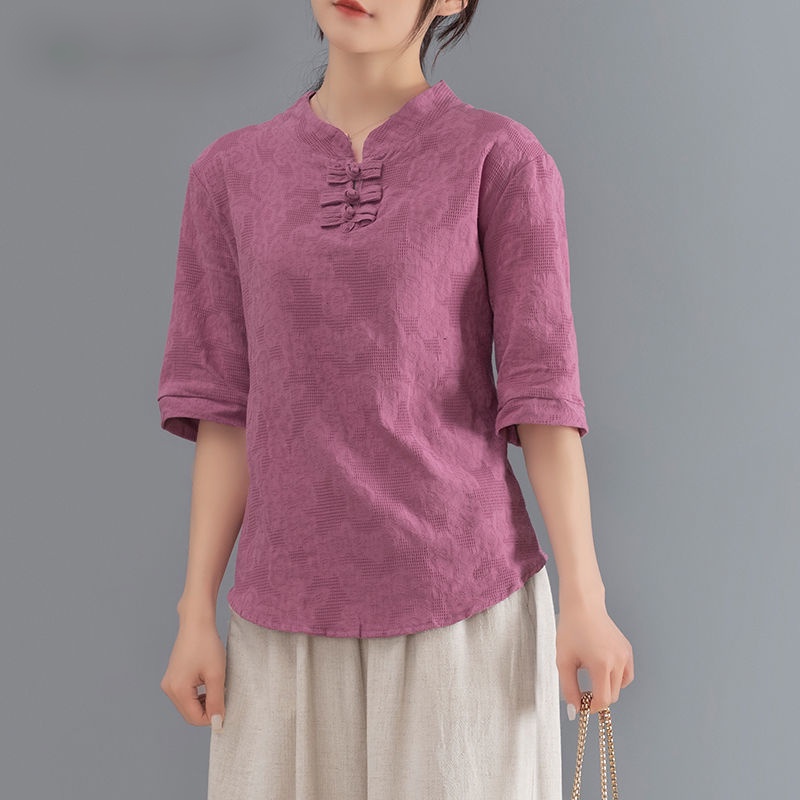 Áo Thun Cotton Linen Cổ Đứng Cài Nút Tay Lửng Phong Cách Trung Hoa Cổ Điển Hàng Mới 2022