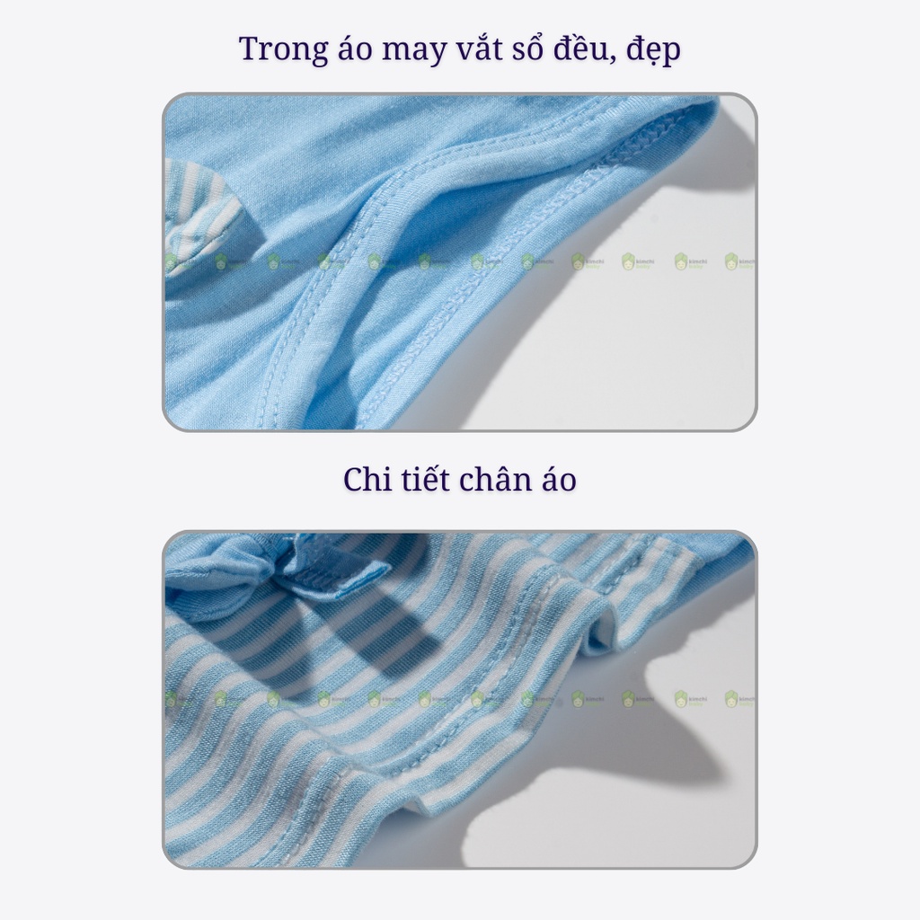 Bộ Cộc Tay Cho Bé Trai, Bé Gái KIMCHIBABY Vải Thun Lạnh Hoạ Tiết Gấu Kẻ Đính Nơ, Bộ Quần Áo Trẻ Em Mặc Nhà KW2212