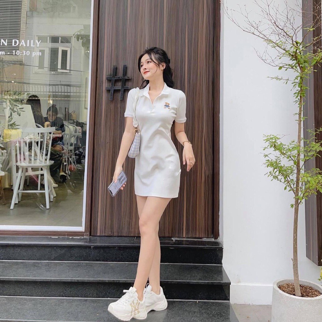 Váy Polo Thun Trơn Cộc Tay Nữ-  Đầm Sơ Mi Ngắn Tay Body Dáng Ôm Kiểu Dáng Hàn Quốc Siêu Xinh | BigBuy360 - bigbuy360.vn