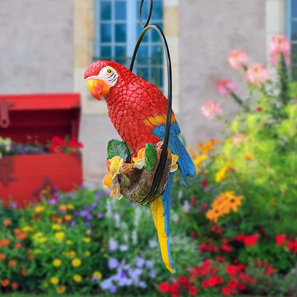 ❤LANSEL❤ Garden Decor Parrot Statue Iron Ring Lawn Ornament Bird Statues Artificial Home Garden Resin Perching Hanging Sculpture/Multicolor