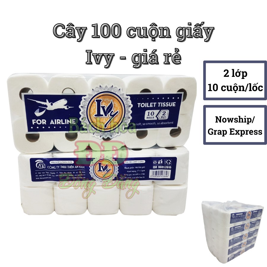 Cây (100 cuộn) Giấy vệ sinh IVY 2 lớp giá rẻ dành cho khách sạn, nhà nghỉ bình dân - 400g/lốc (10 cuộn)