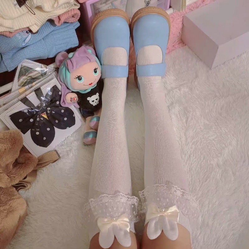 [Order] YASLC0036-Tất lolita cotton tai thỏ phối ren đính nơ