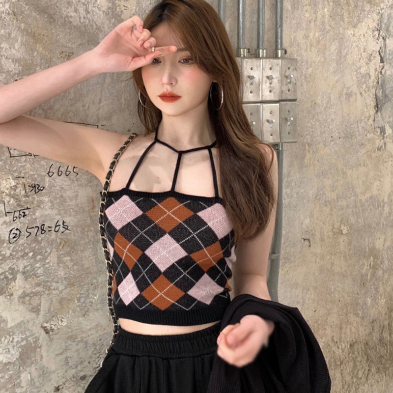 Áo Hai Dây Dệt Kim Hoạ Tiết Hình Thoi Cho Nữ