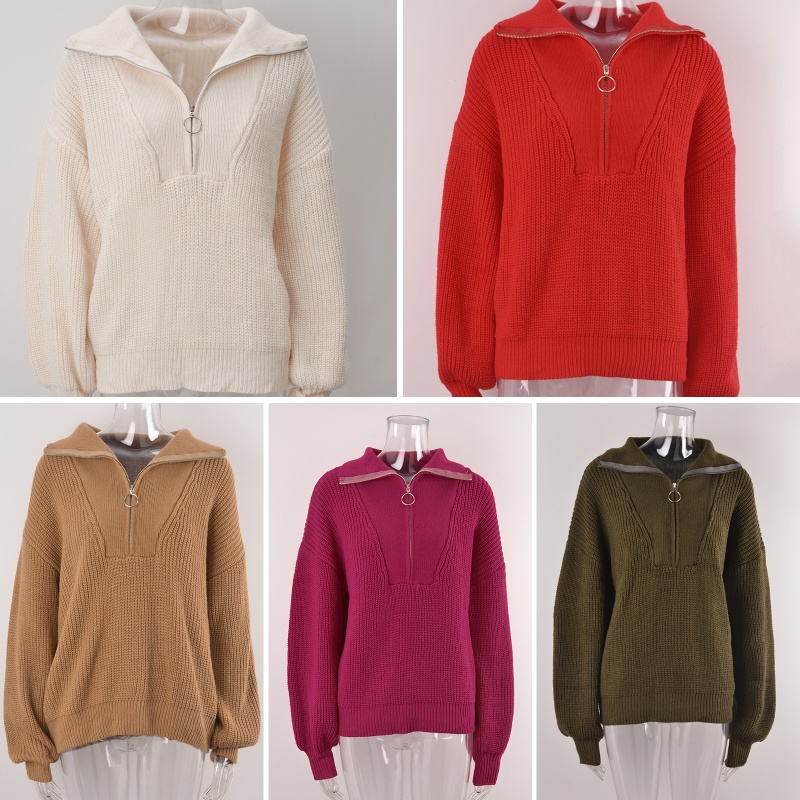 Áo Sweater Dệt Kim Tay Dài Phối Khóa Kéo Thời Trang Cho Nữ