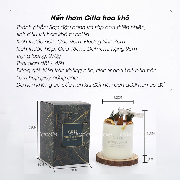 [Tặng kèm đế gỗ] Nến Thơm Handmade Citta Hương Thơm Bốn Mùa Hoa Khô Tự Nhiên Trang Trí Nhà Cửa