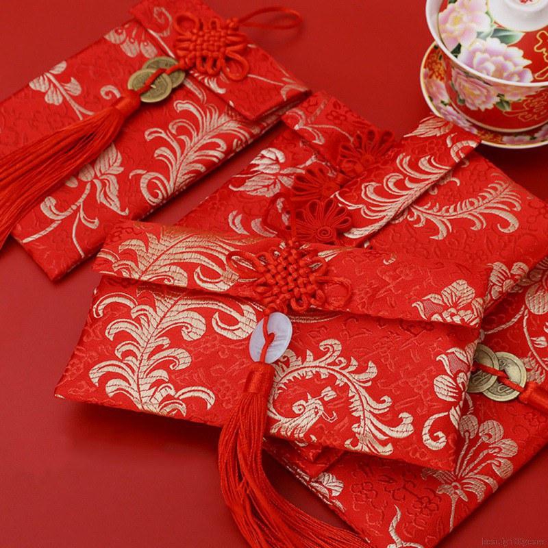 Combo 2 Bao Lì Xì Vải Thổ Cẩm Dọc và Ngang Đính Nơ Hoa Cài Xinh Xắn