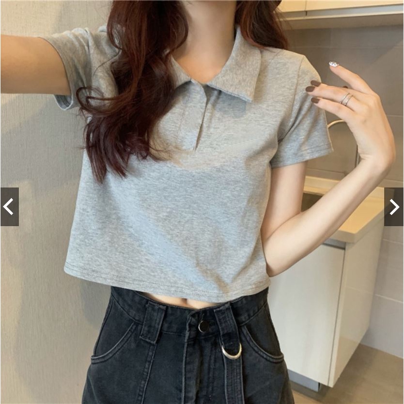 Áo croptop tay ngắn Polo cổ bẻ phông trơn thời trang cho nữ phong cách Hàn