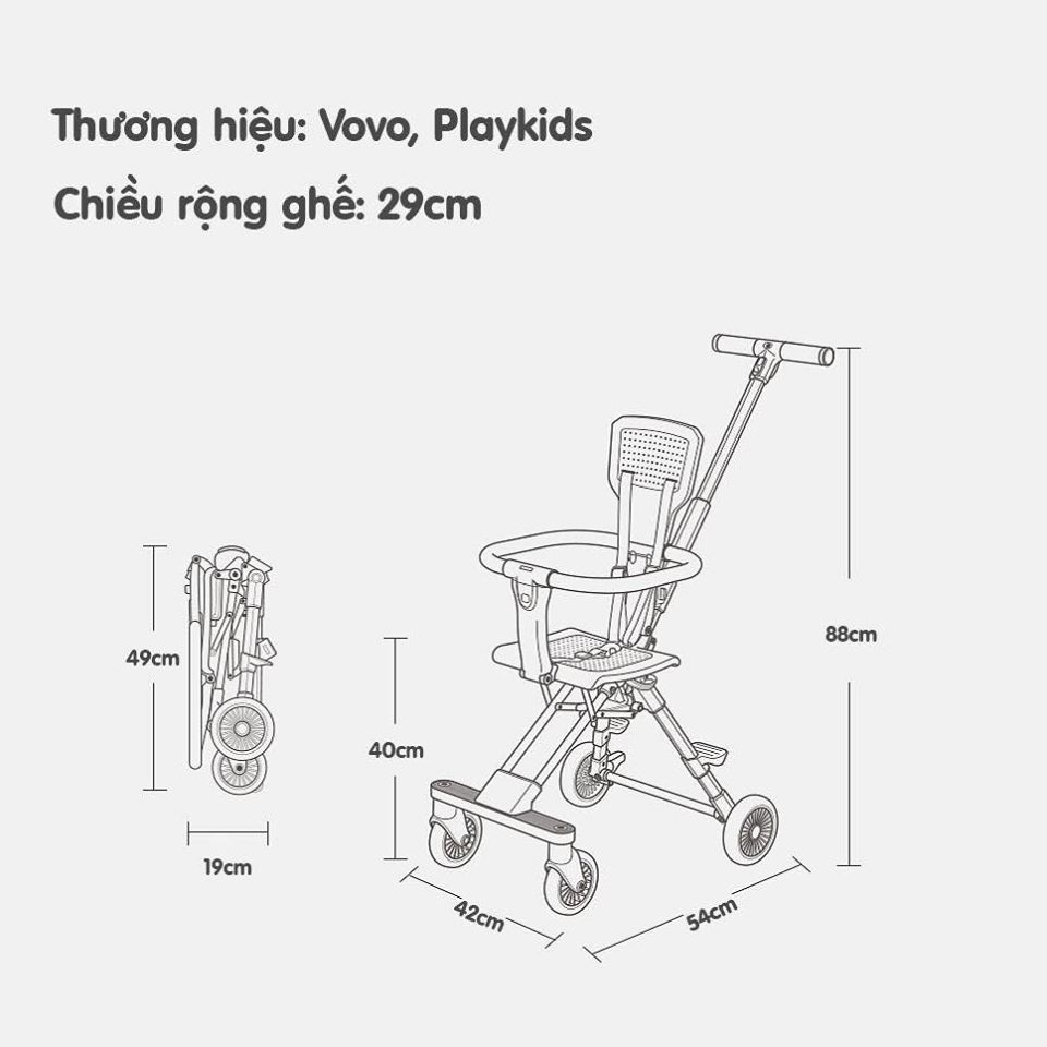 Xe đẩy gấp gọn VOVO PLAYKIDS cho bé, không mái/ Xe đẩy du lịch KINLEE tiện lợi ...