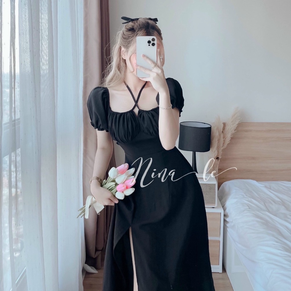 váy suông trễ vai cộc tay cổ yếm xẻ tà chun lưng, đầm nữ cổ yếm tay bồng dáng dài 3 màu sang chảnh