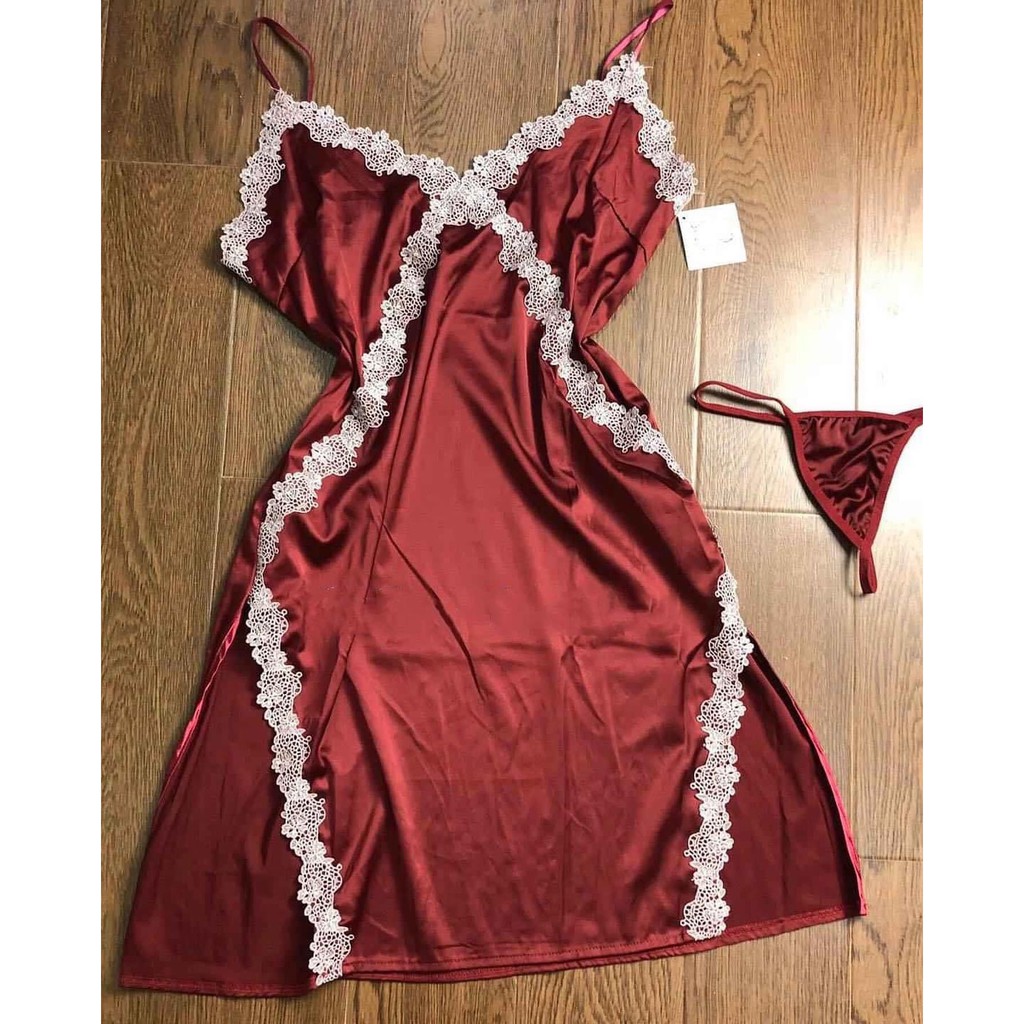 Váy ngủ sexy hai dây phối ren chéo ngực xẻ lai gợi cảm (màu đỏ mận- kèm hình thật dưới nền)