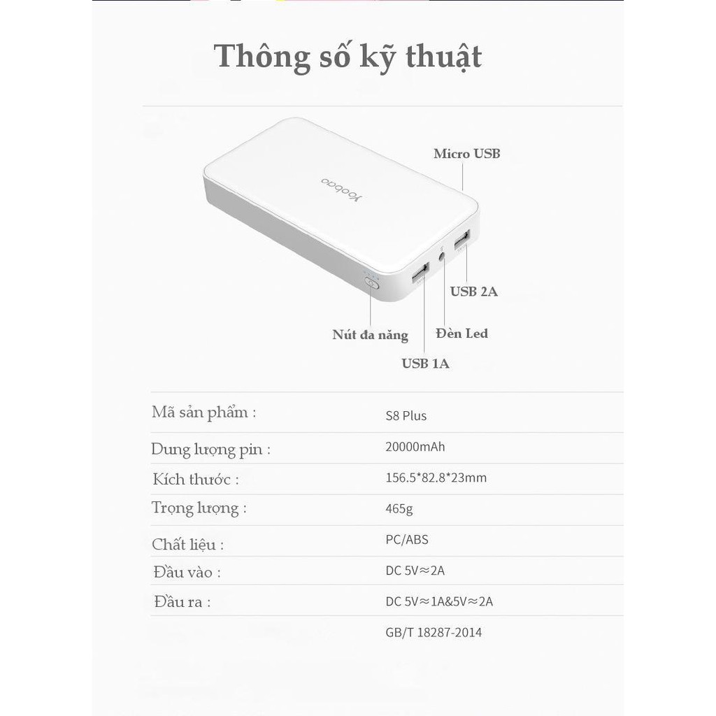 Combo sạc dự phòng 20000mAh và dây sạc micro USB dài 1m YOOBAO - CBO S8Plus C5