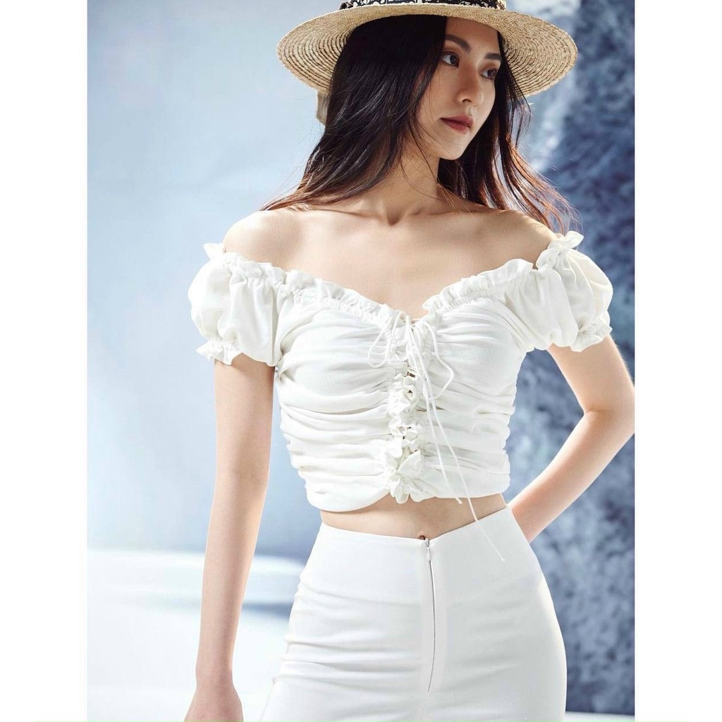 Áo Bẹt Vai Nhún Thân Đan dây viền dây - Áo thiết kế bẹt vai đan dây viền ren