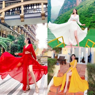 Đầm váy maxi đi biển hở vai khoét eo xẻ tà siêu sống ảo Hakieu MSP 037 ( hình chụp thật)