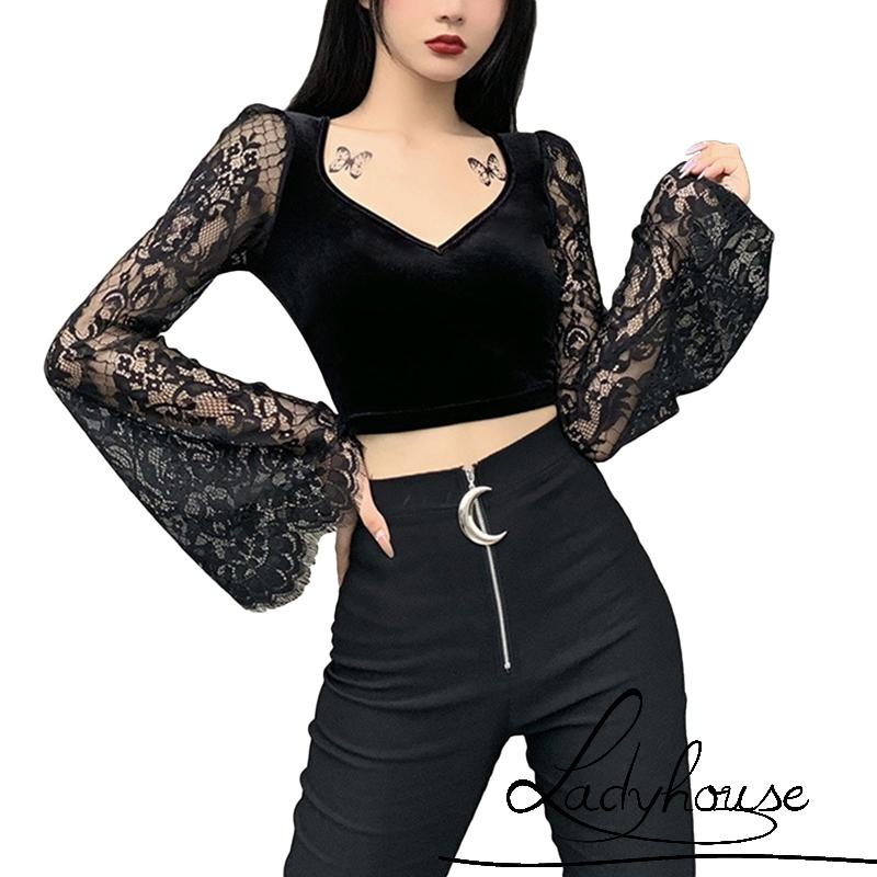 Áo croptop tay loe cổ chữ V phối ren xuyên thấu gợi cảm cho nữ