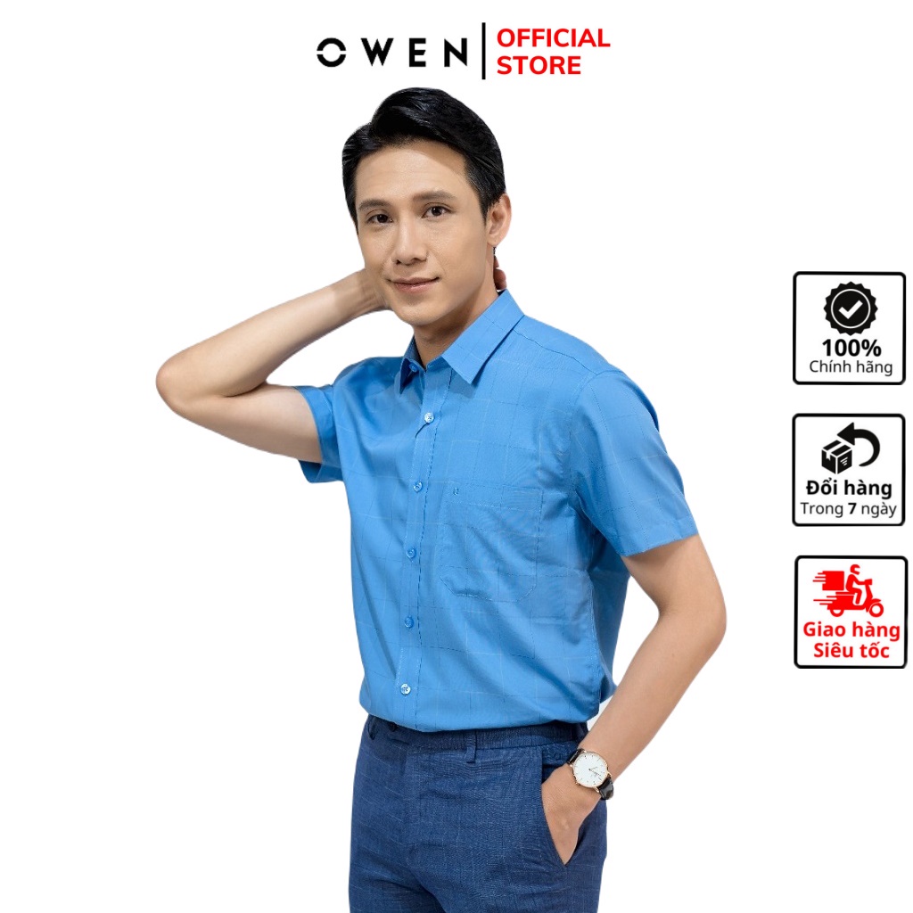 Áo sơ mi nam ngắn tay OWEN AR220088NT somi công sở vải sợi sen cao cấp màu kẻ caro xanh dáng suông tà lượn có túi