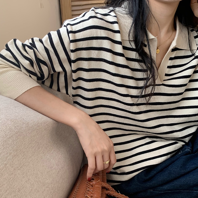 Áo sweater SUXI dệt kim cổ V dáng rộng kẻ sọc màu sắc tương phản kiểu Hàn Quốc thời trang thu đông cho nữ