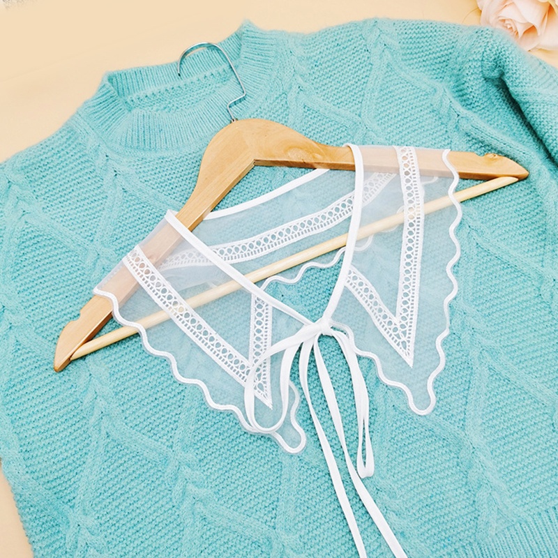 Khăn Choàng Cổ Lưới Xuyên Thấu Màu Trắng Thêu Họa Tiết Hình Học Phối Nơ Cột Dây Có Thể Tháo Rời Cho Nữ