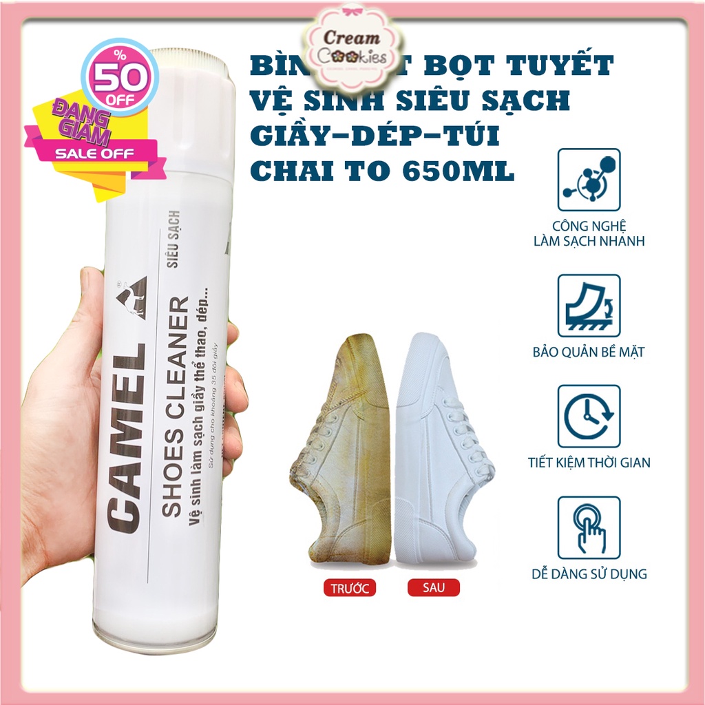 Chai Xịt Bọt Tuyết Đa Năng Vệ Sinh Siêu Sạch Giày Sneaker Làm Sạch Nhanh Giầy,Dép,Túi,Không Cần Giặt Kèm Đầu Chải 650ML