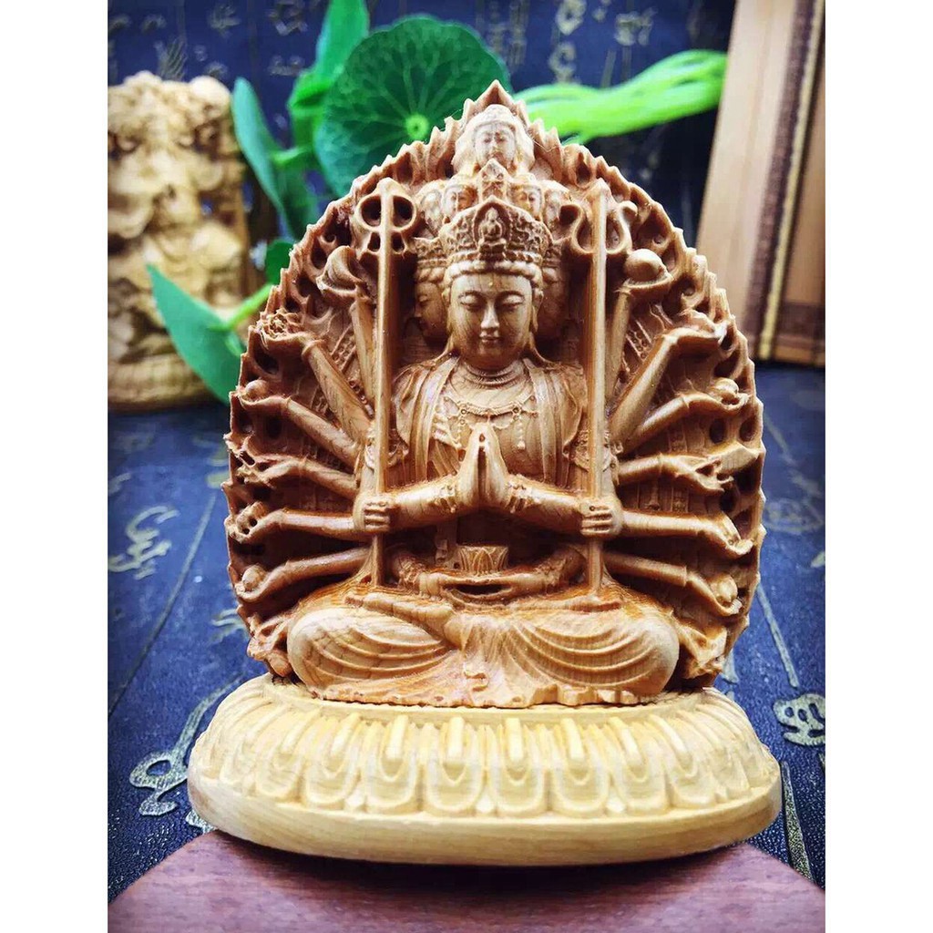 Tượng đức Quan Âm nghìn tay nghìn mắt bằng gỗ Hoàng Dương (để trong xe ô tô) - TẶNG 1 VÒNG ĐEO TAY TẶNG 1 VÒNG ĐEO TAY