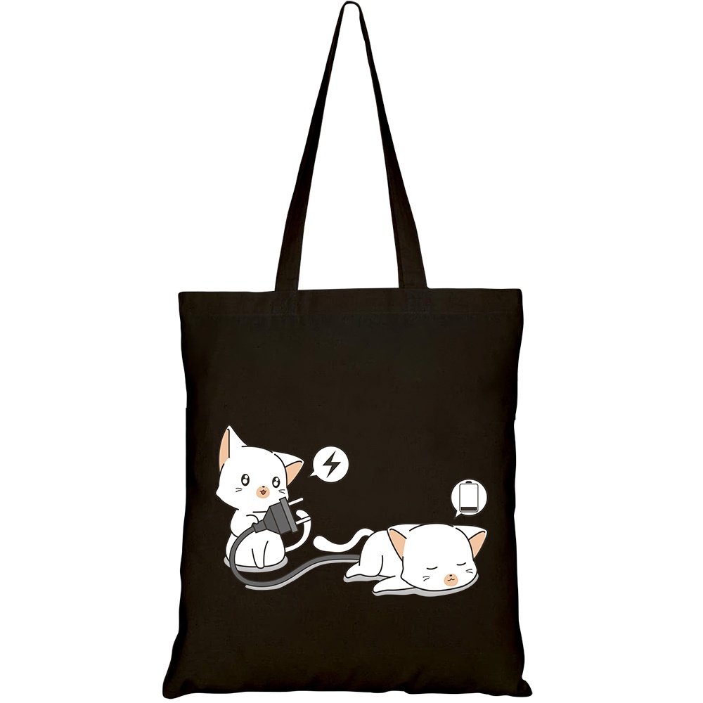 Túi vải tote canvas HTFashion in hình adorable cat is holding plug looking charging HT123