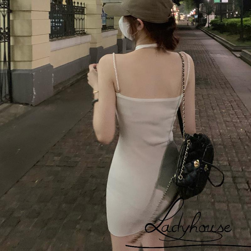 Đầm Ôm Dáng Hai Dây Cột Nơ Đính Ngọc Trai Nhân Tạo Thời Trang Cho Nữ