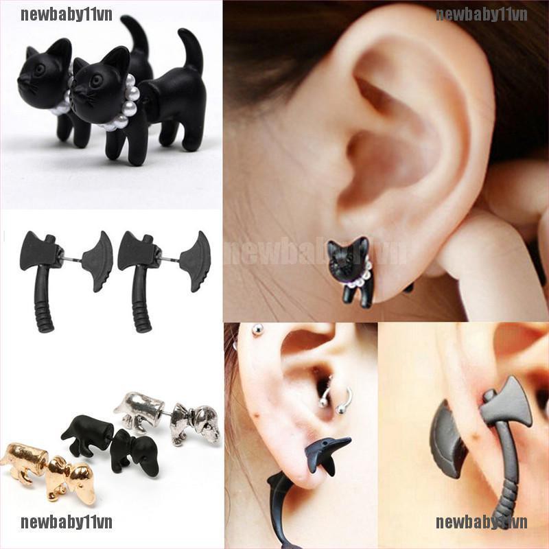 1 Khuyên Tai Unisex Hình Mèo Đen Ngọc Trai