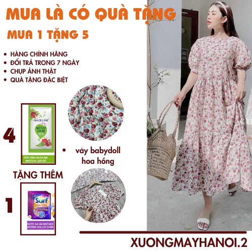 Váy hoa nhí họa tiết hoa hồng🍁váy babydoll dáng rộng, vải thô mềm loại I, XUONGMAYHANOI.2