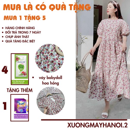 (MUA LÀ CÓ QUÀ) Váy hoa nhí họa tiết hoa hồng🍁váy babydoll  dáng rộng, vải thô mềm loại I, XUONGMAYHANOI.2