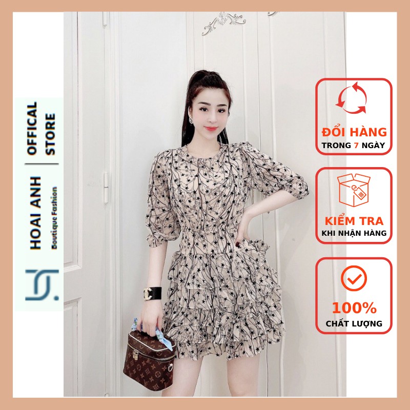 Váy nữ họa tiết hình sao, Vintage chất voan lót lụa mềm mịn, Đầm công sở cao cấp sang chảnh tôn dáng