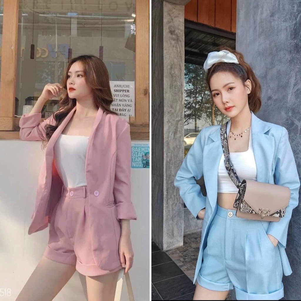 Set 3món Áo khoác vest + áo 2s + quần short màu pastel XANH - HỒNG công sở đi học đi chơi đều hợp kiểu