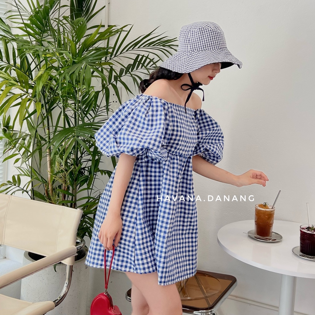 Váy babydoll caro trễ vai, babydoll tay phồng bo chun co giãn | BigBuy360 - bigbuy360.vn