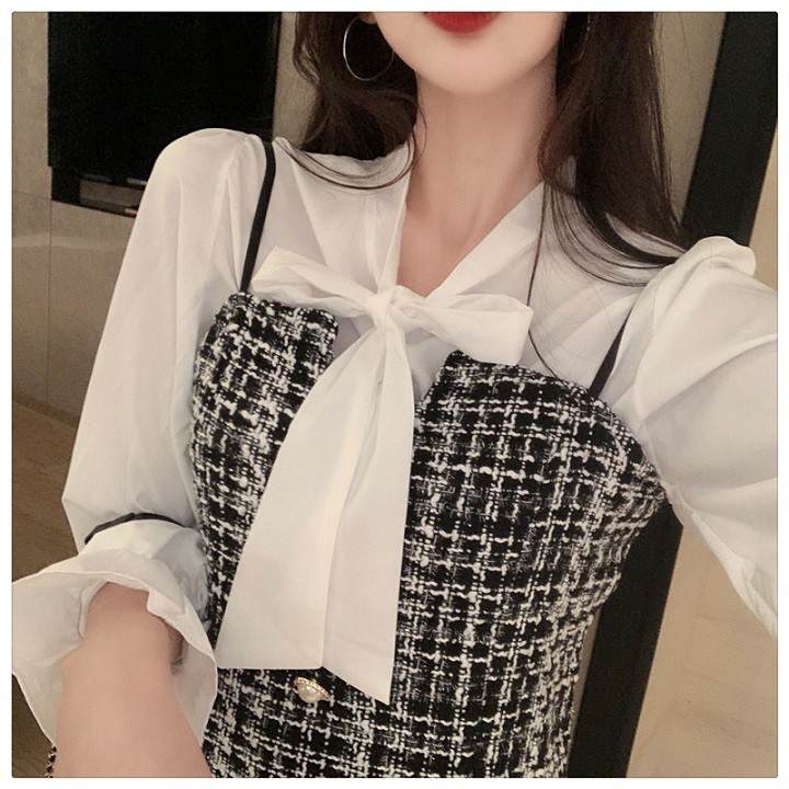 Set Váy Nữ ⚡𝐌𝐮̀𝐚 𝐓𝐡𝐮 𝟐𝟎𝟐𝟎⚡Set Ulzzang Váy Yếm Áo Sơ Mi Nơ có tách rời (order Taobao)