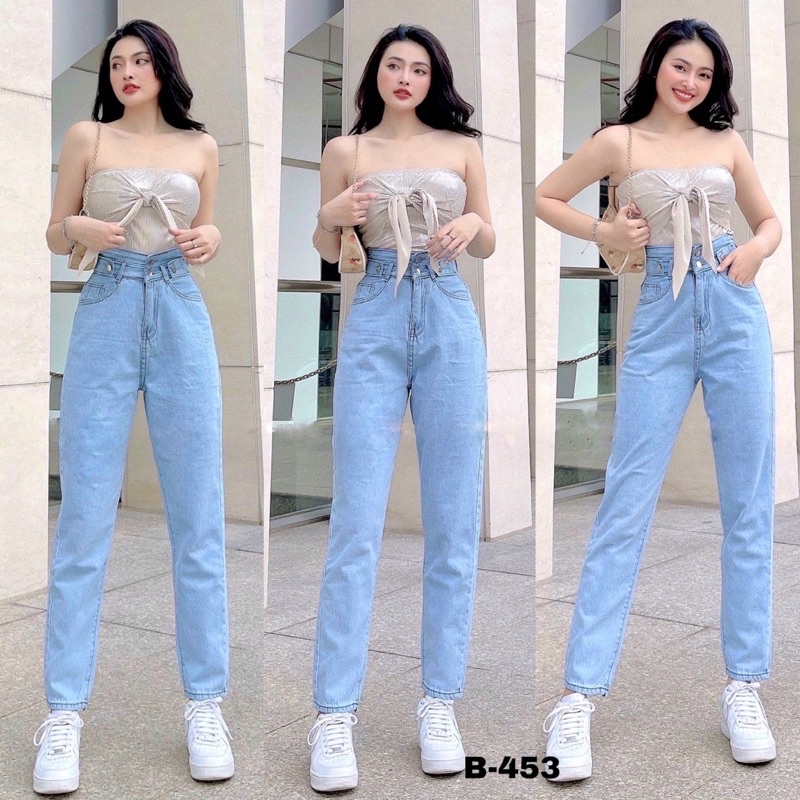 Quần Jeans Nữ, Quần Baggy Lưng Cao 2 Nút Bò Trơn Phong Cách Thời Trang Jeans Cotton Thoáng Mát, Mềm Mịn