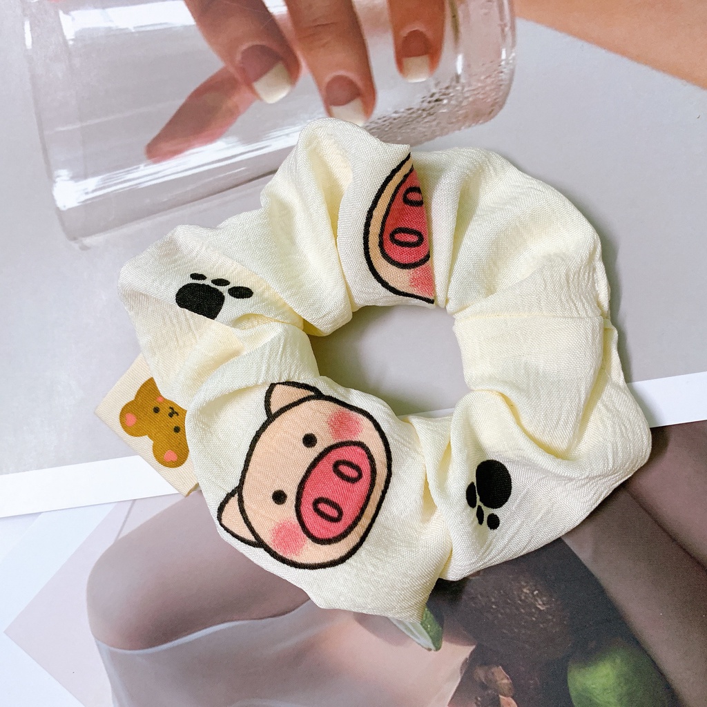[Handmade] Scrunchies dây buộc tóc họa tiết heo xinh kèm tag gấu dễ thương