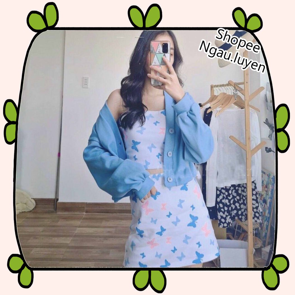 SV005 Bộ áo hai dây chân váy chữ A họa tiết bướm kèm áo cardigan mỏng cute, set áo đầm kèm áo khoác dài tay nữ tính