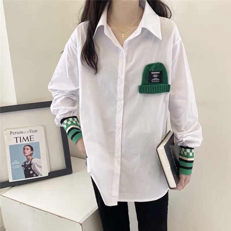 Áo sơ mi nữ mũ len phối tay áo sơ mi ulzzang TH163 0222