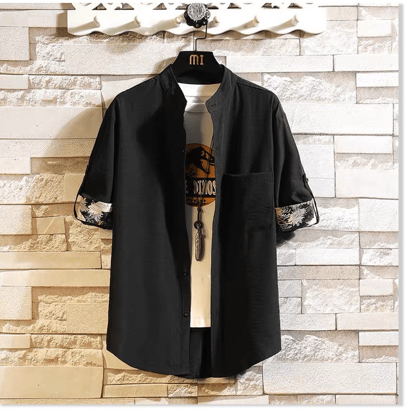 ÁO SƠ MI NAM CỔ TÀU  TAY LỠ PHỐI VIỀN TAY THỔ CẨM ĐẸP TINH TẾ